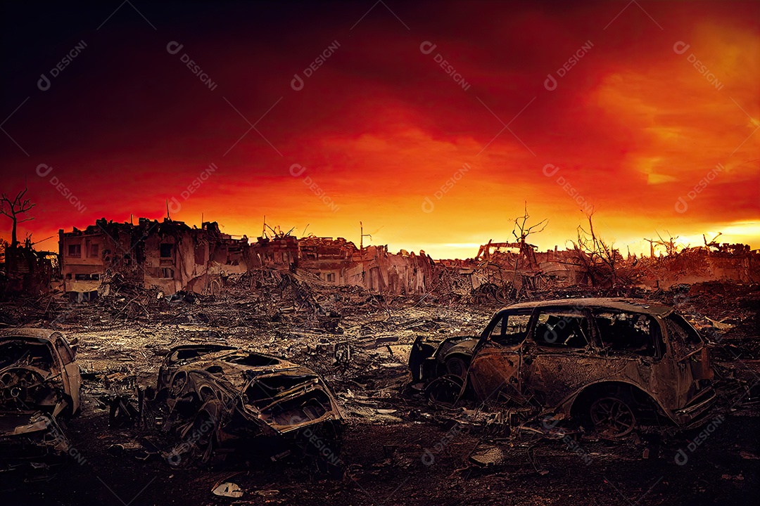ilustração sobre a devastação da guerra.