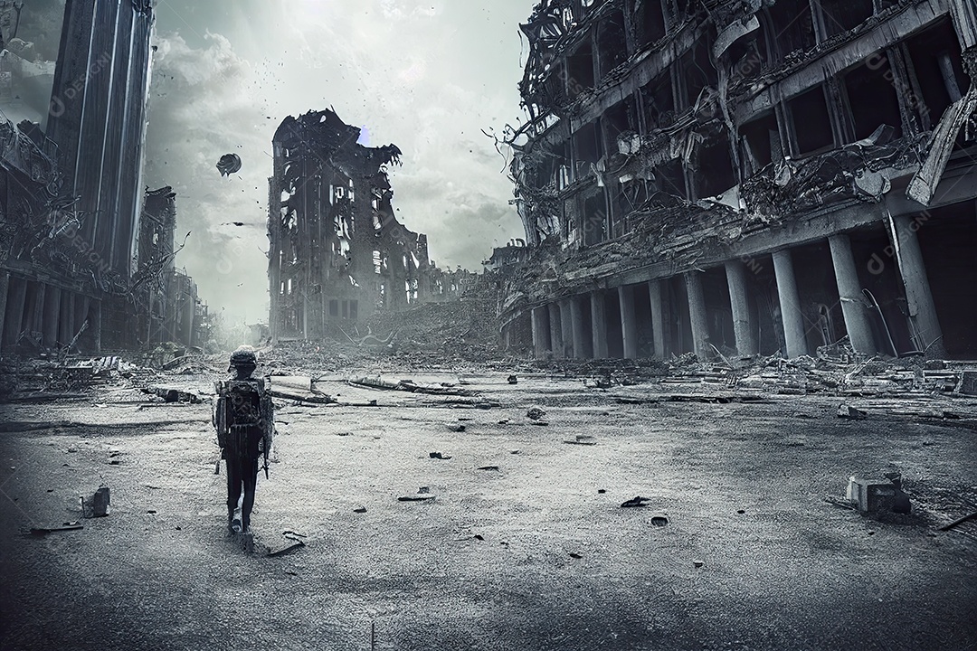 ilustração sobre a devastação da guerra.