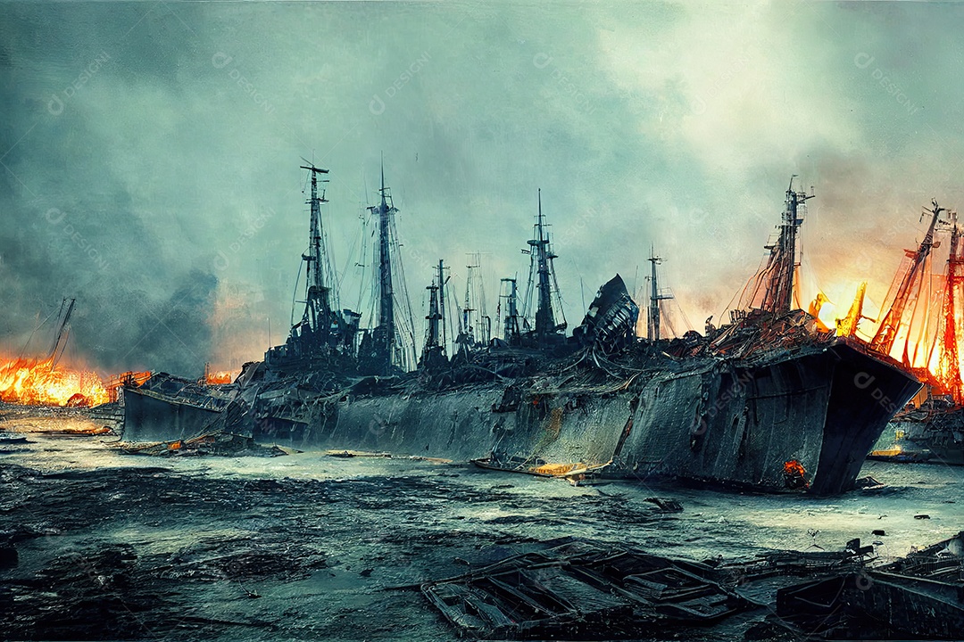 ilustração sobre a devastação da guerra.