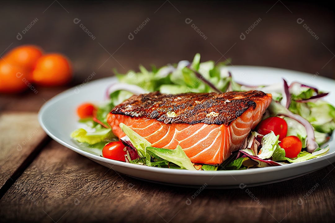 Ilustração 3D sobre prato de salmão.