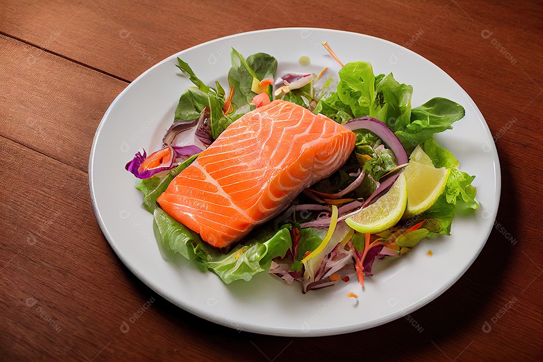 Ilustração 3D sobre prato de salmão.