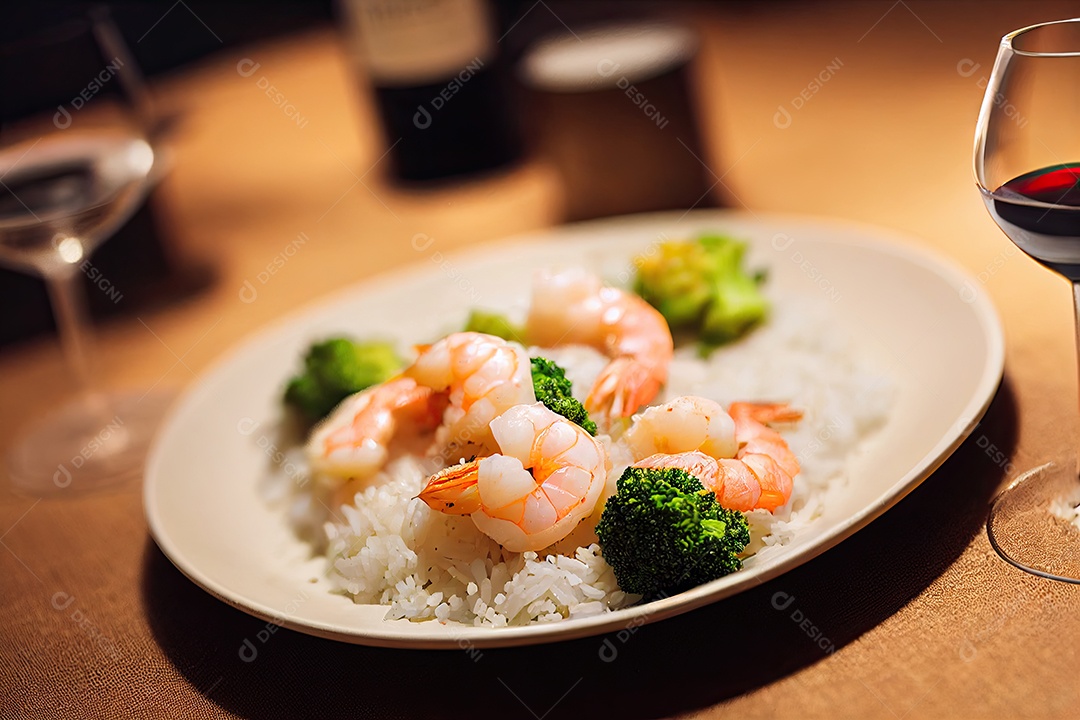 Ilustração 3D sobre prato de camarão.