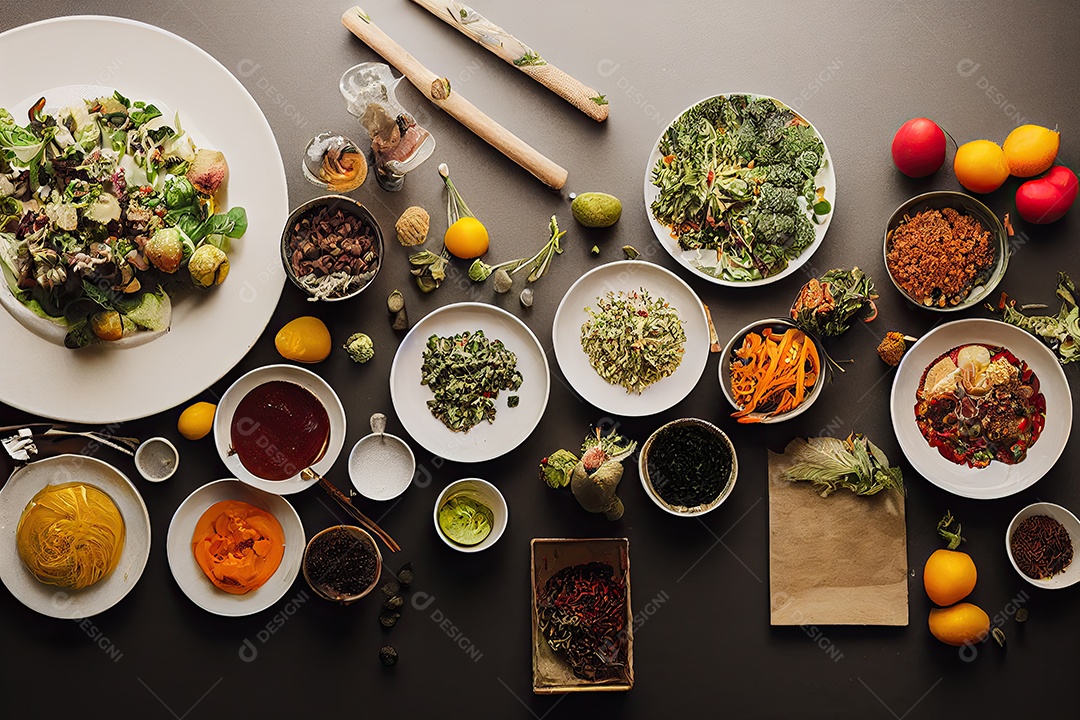 Ilustração 3D de comida vegana