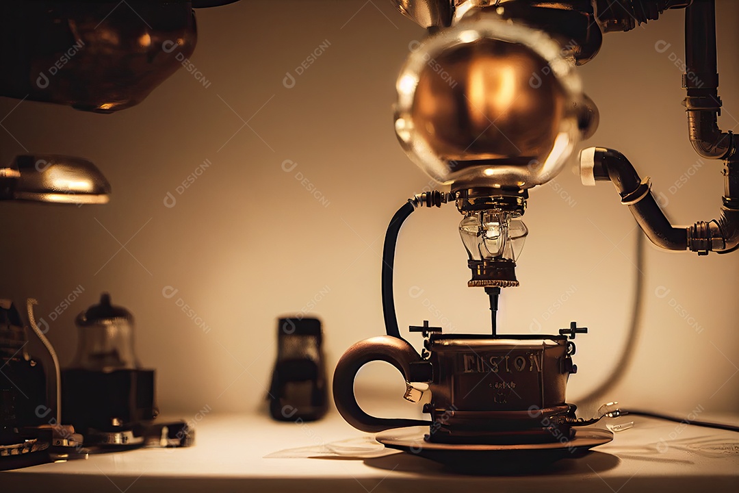 Ilustração 3D de uma máquina de café expresso steampunk