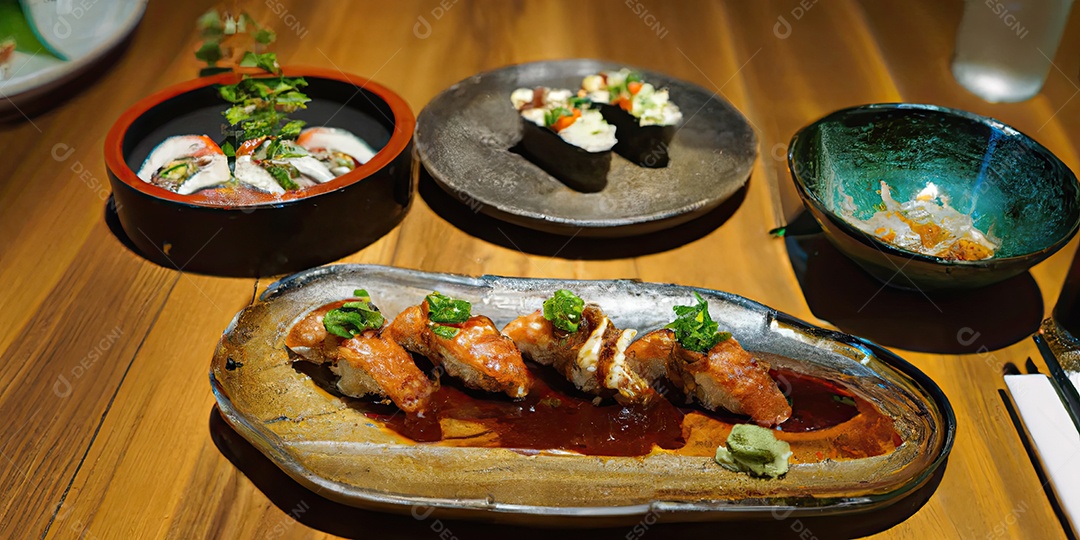 ilustração 3D de comida japonesa