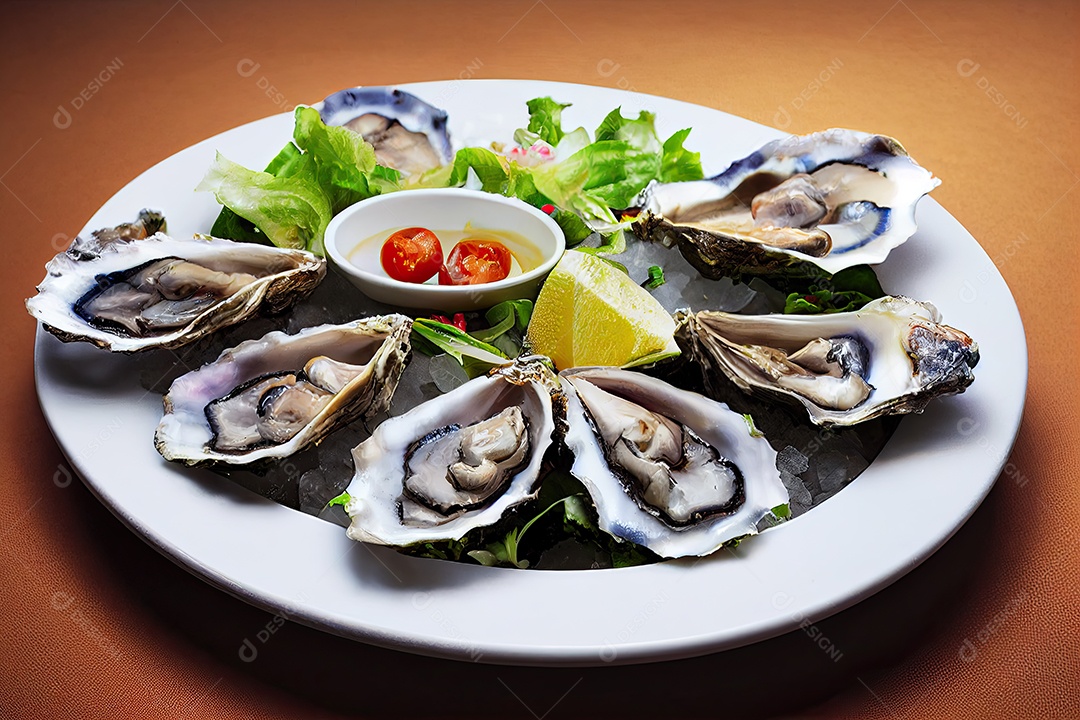 Ilustração 3D sobre prato de ostras