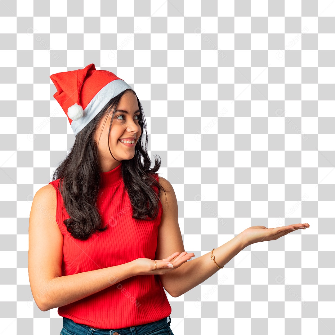 Mulher em Clima Natalino com Mão para o Lado PNG Transparente
