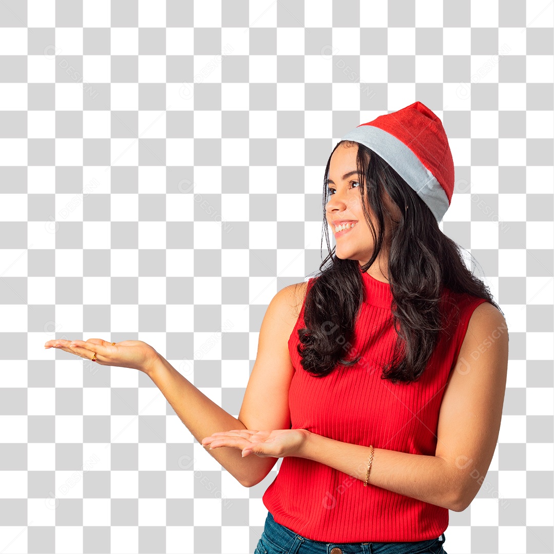 Mulher em Clima Natalino com Mão para o Lado PNG Transparente