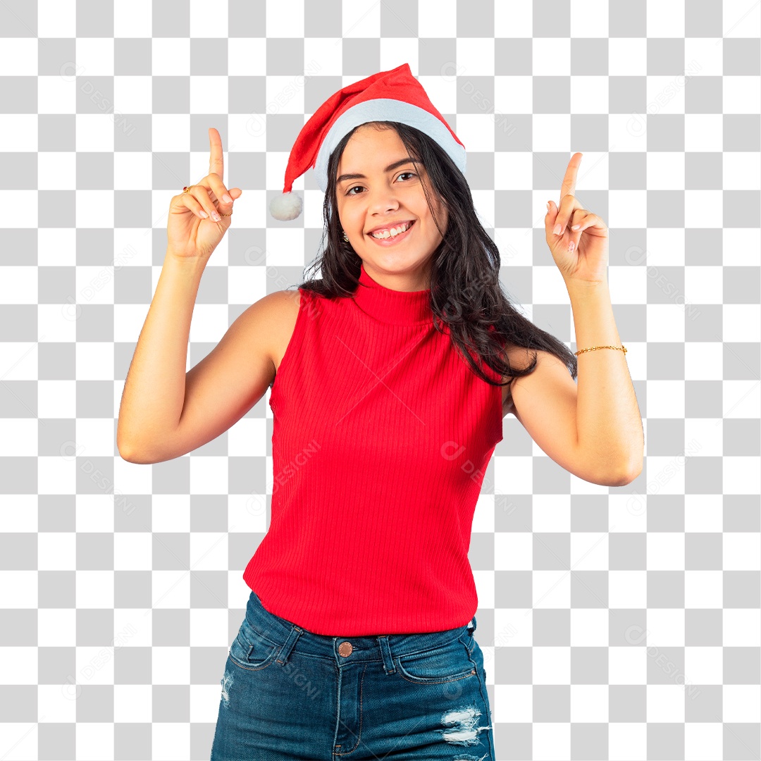 Mulher em Clima Natalino Apontando Dedo pra Cima PNG Transparente