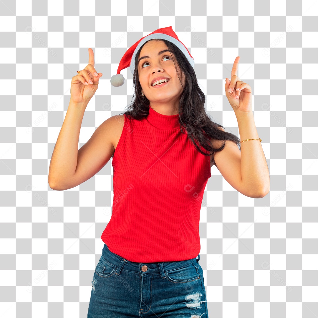 Mulher em Clima Natalino Apontando Dedo pra Cima PNG Transparente