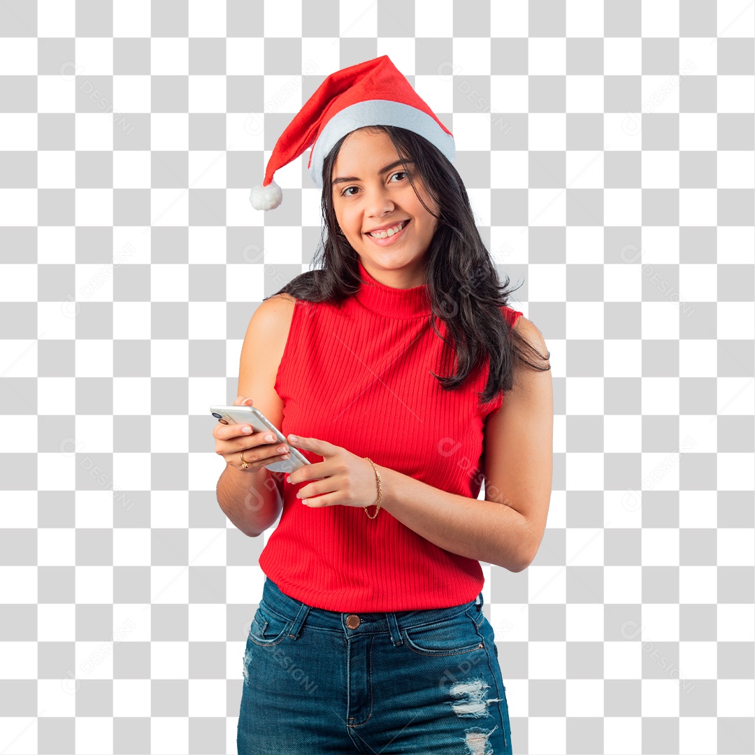 Mulher em Clima Natalino Segurando Celular PNG Transparente