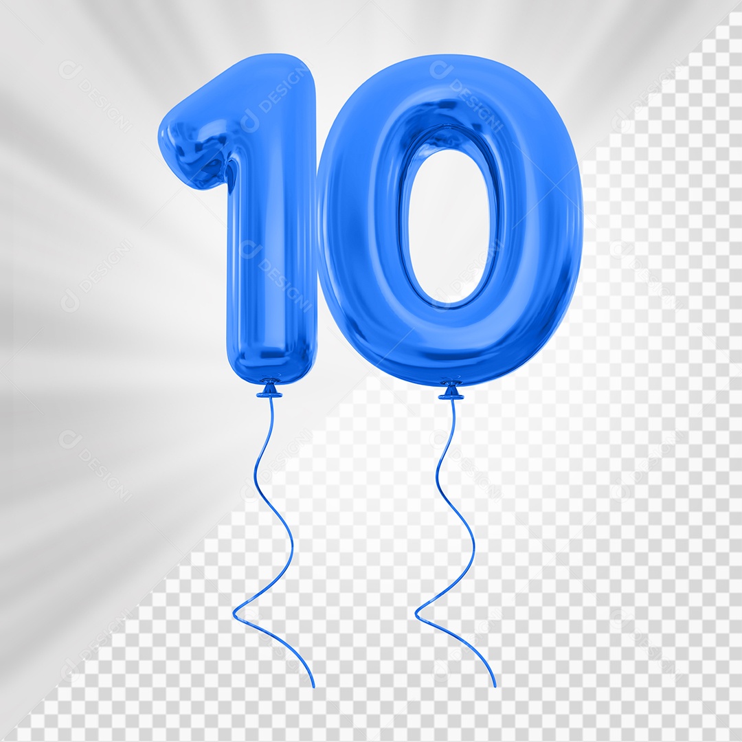 Balão de Número 10 Elemento 3D Azul Para composição PSD