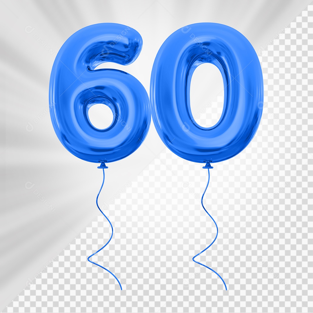 Balão de Número 60 Elemento 3D Azul Para composição PSD