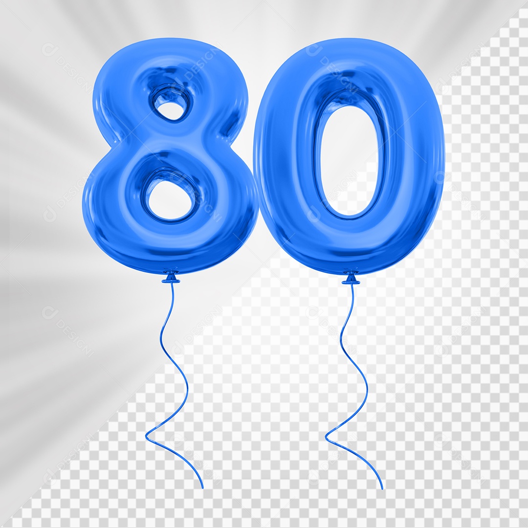 Balão de Número 80 Elemento 3D Azul Para composição PSD