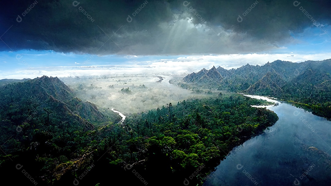 renderização de ilustração 3D de vista aérea de uma floresta tropical