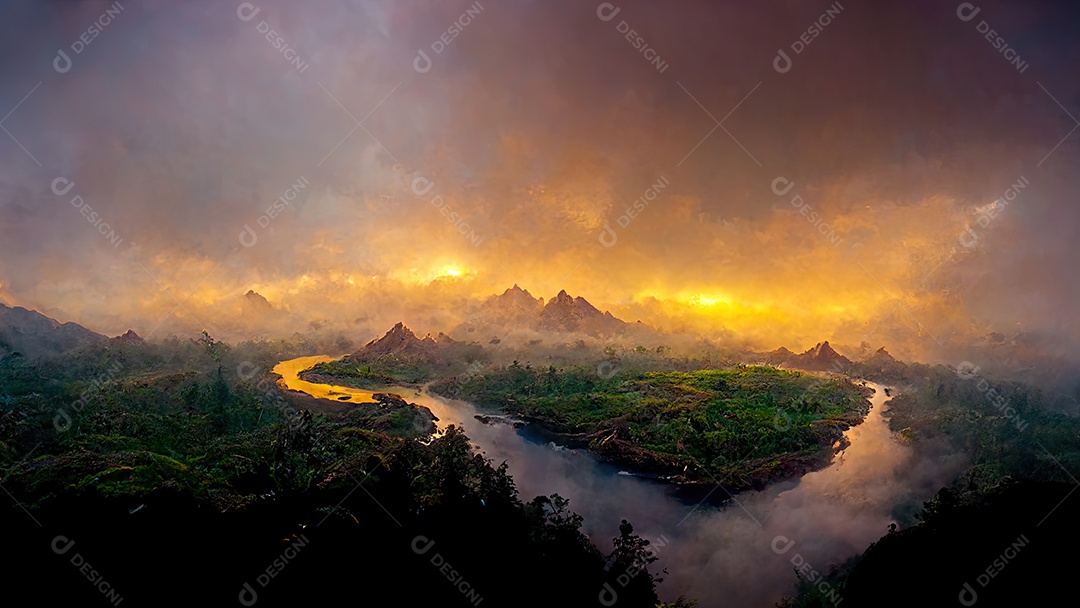 renderização de ilustração 3D de vista aérea de uma floresta tropical