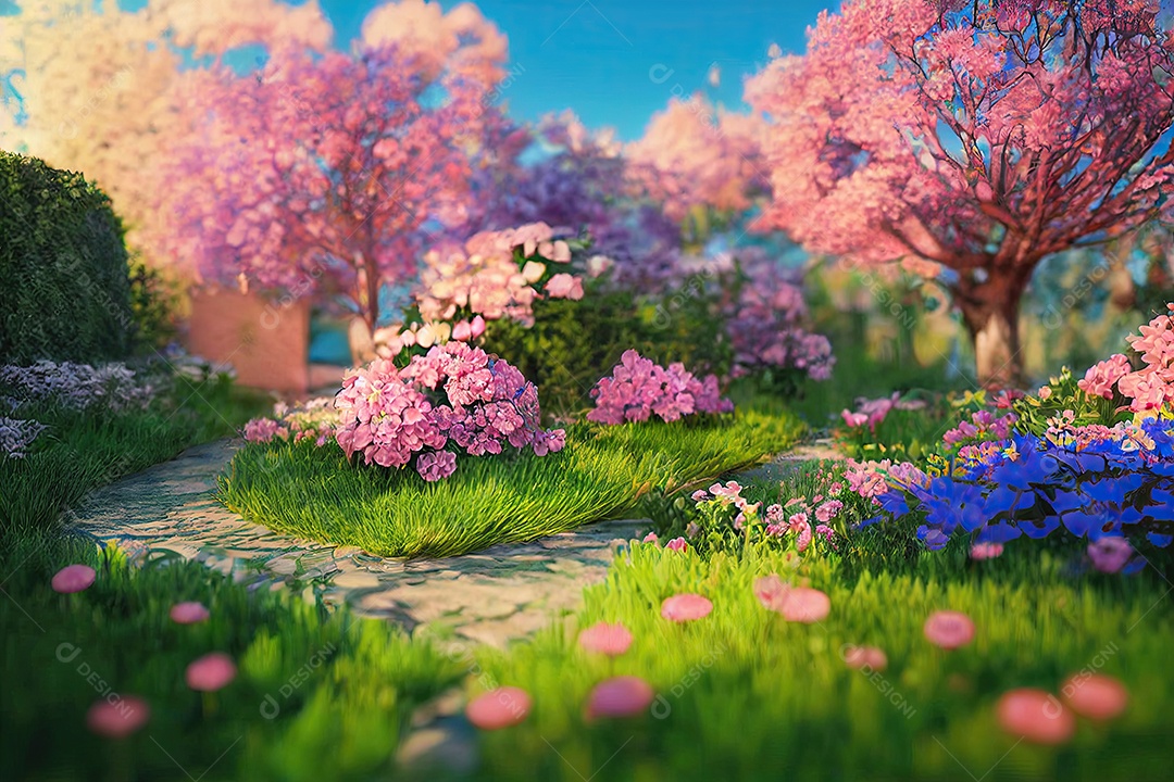 Jardim com arvores e flores