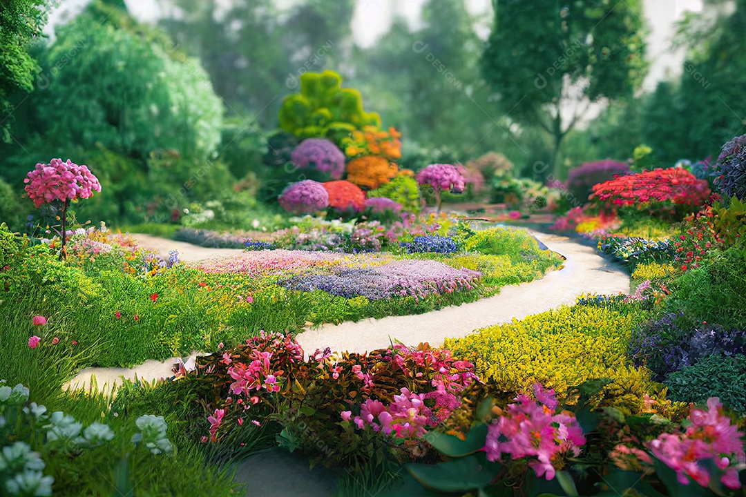 Jardim com arvores e flores