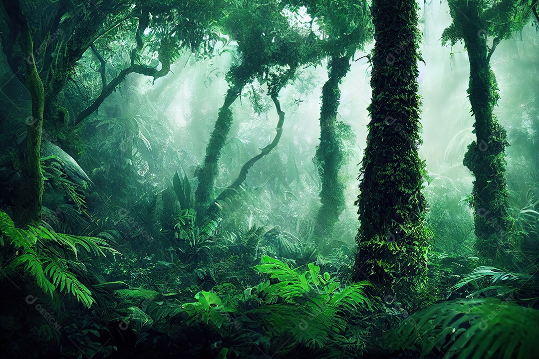 Rendição da ilustração 3D da floresta tropical.