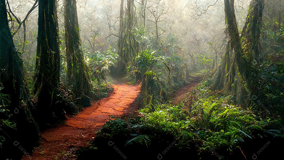 Rendição da ilustração 3D da floresta tropical.