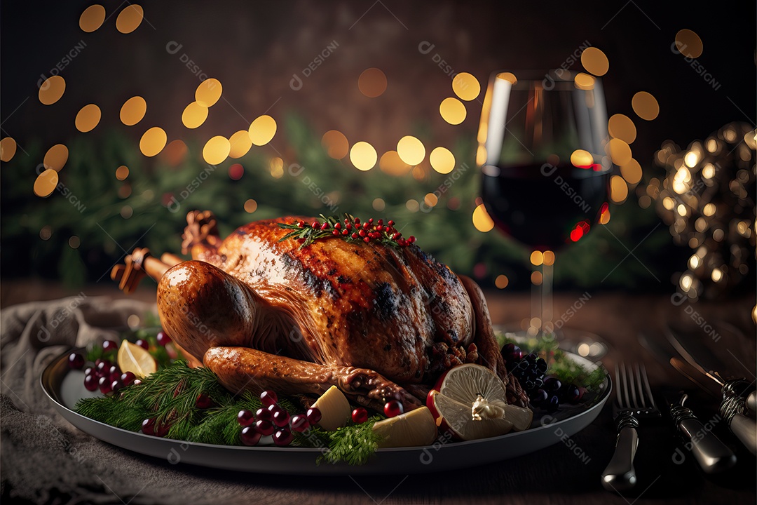 Celebração de peru assado para o jantar de Natal e Ação de Graças.