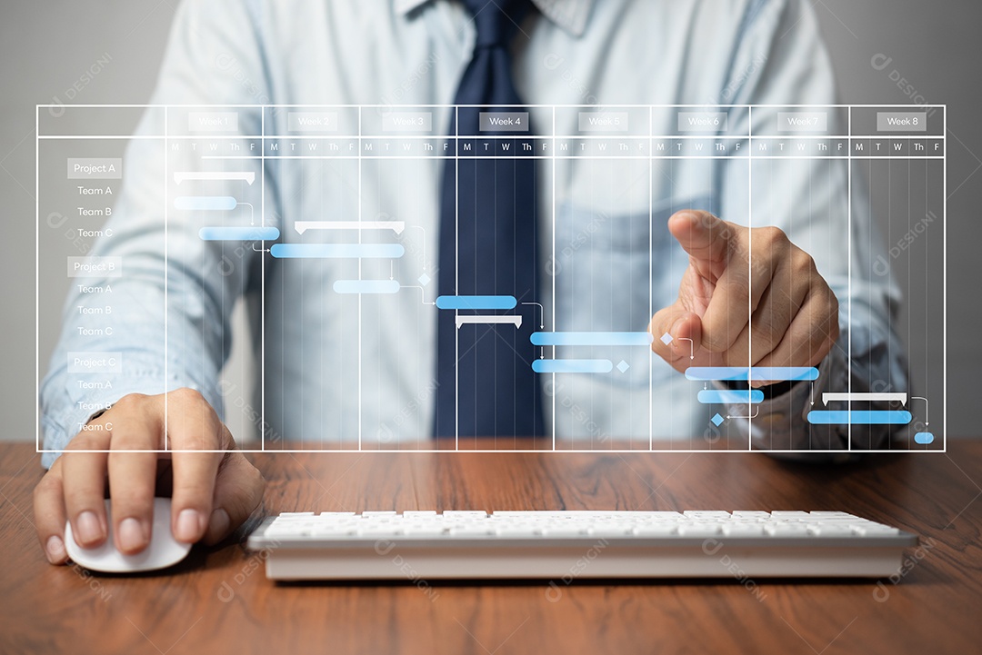 Analista de gerente de projeto trabalhando com computador no sistema de gerenciamento