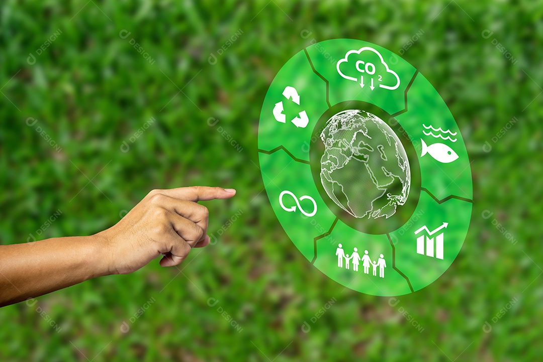Mão com ícones ambientais globais ícones de redução de emissão de CO2
