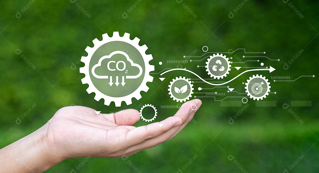 Mão segurando ícone engrenagem co2 eco ambiente gestão renovável net zero planeta global conceito de negócios econômicos.