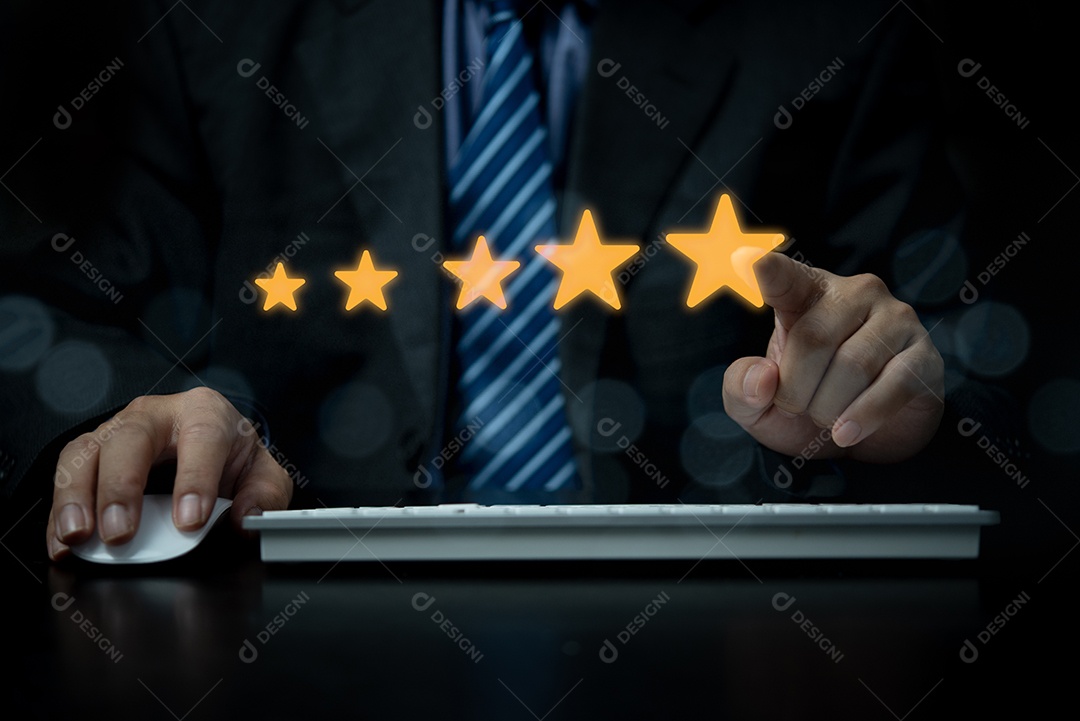 Hand using with five stars pop-up icon for service computer