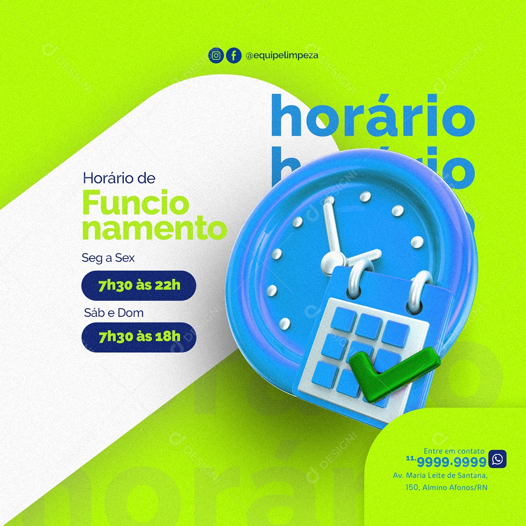 Horário de Funcionamento Limpeza de Condomínio Social Media PSD Editável