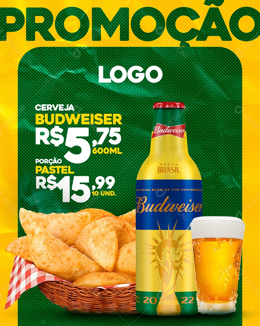 Post Cerveja Budweiser e Porção de Pastel Social Media PSD Editável