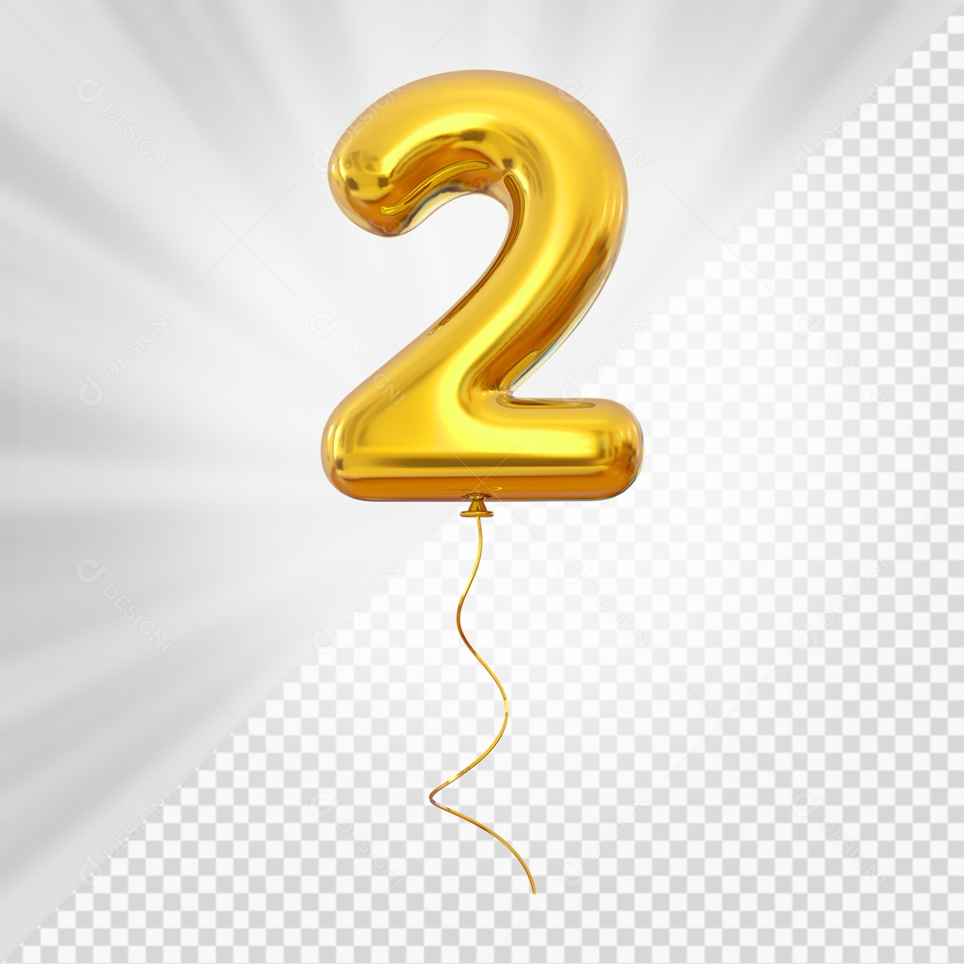 Balão de Número 2 Elemento 3D Dourado Para composição PSD