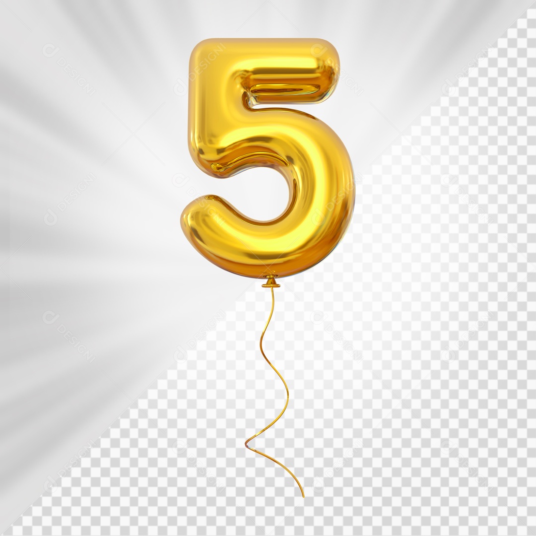 Balão de Número 5 Elemento 3D Dourado Para composição PSD