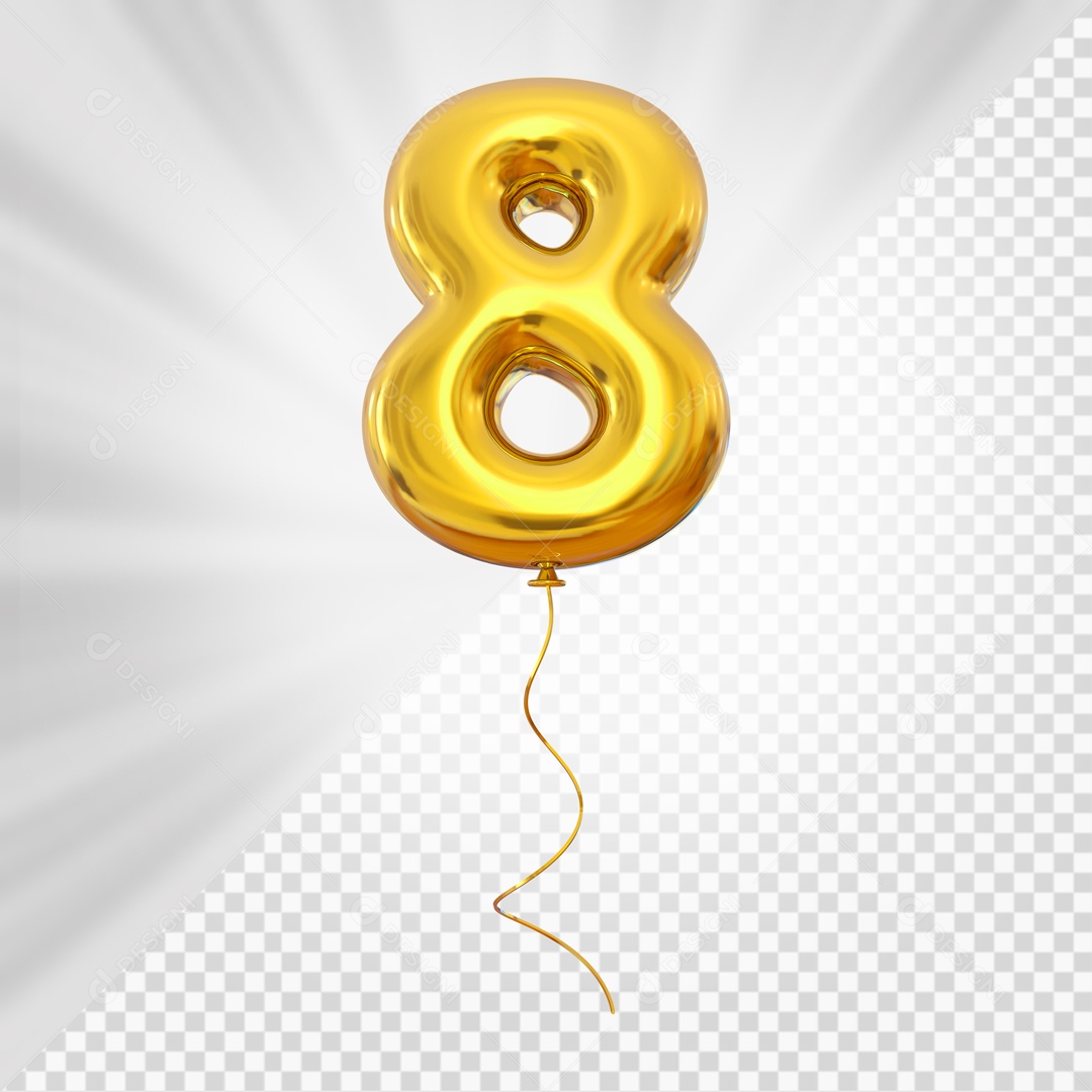 Balão de Número 8 Elemento 3D Dourado Para composição PSD