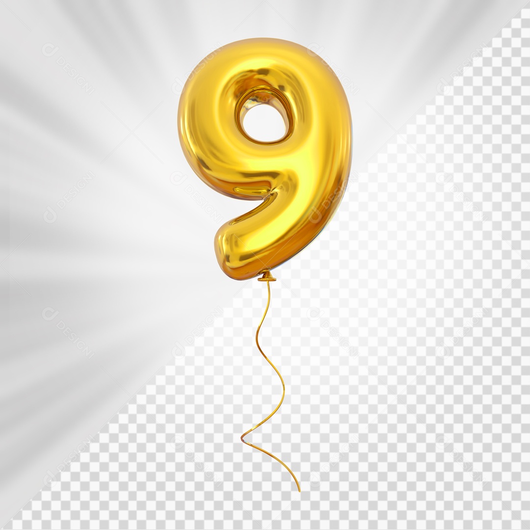 Balão de Número 9 Elemento 3D Dourado Para composição PSD