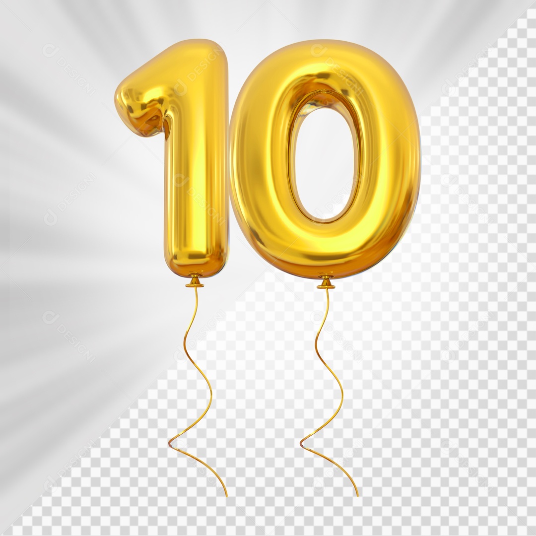 Balão de Número 10 Elemento 3D Dourado Para composição PSD