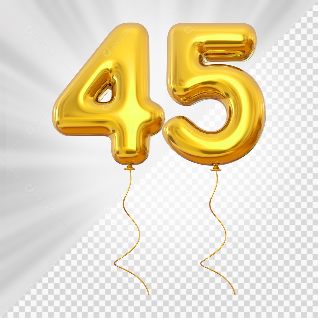 Balão de Número 45 Elemento 3D Dourado Para composição PSD
