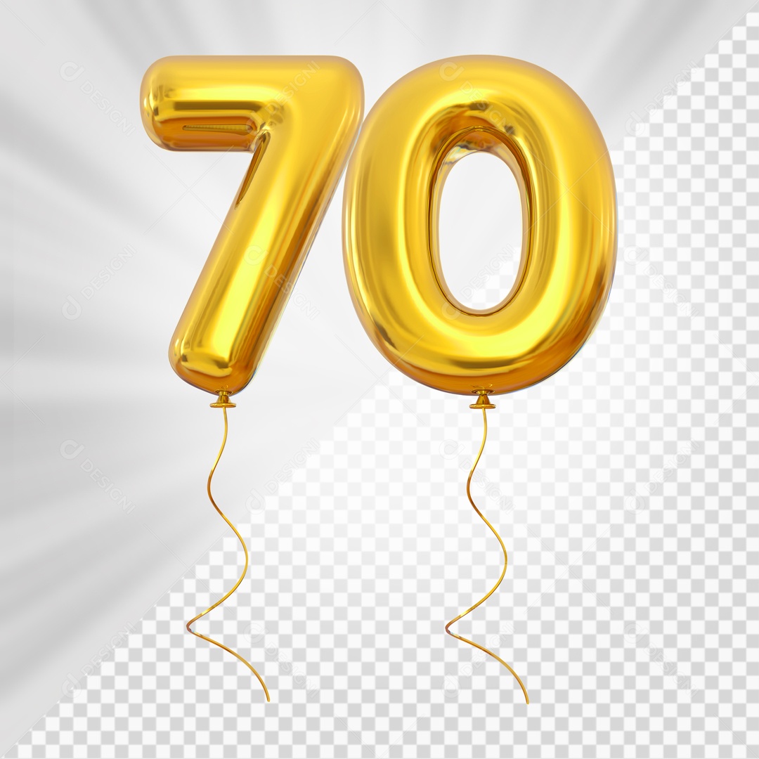Balão de Número 70 Elemento 3D Dourado Para composição PSD