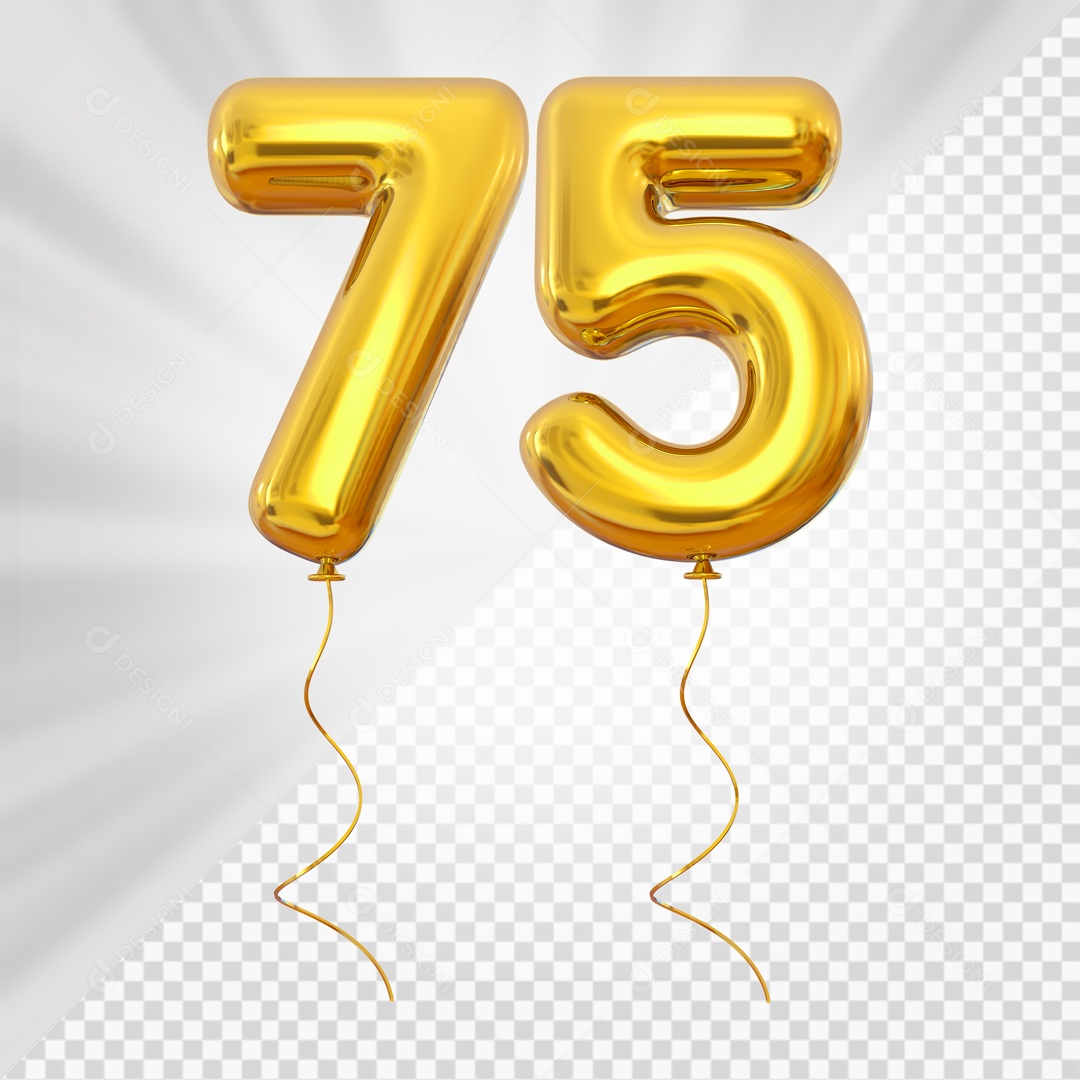 Balão de Número 75 Elemento 3D Dourado Para composição PSD