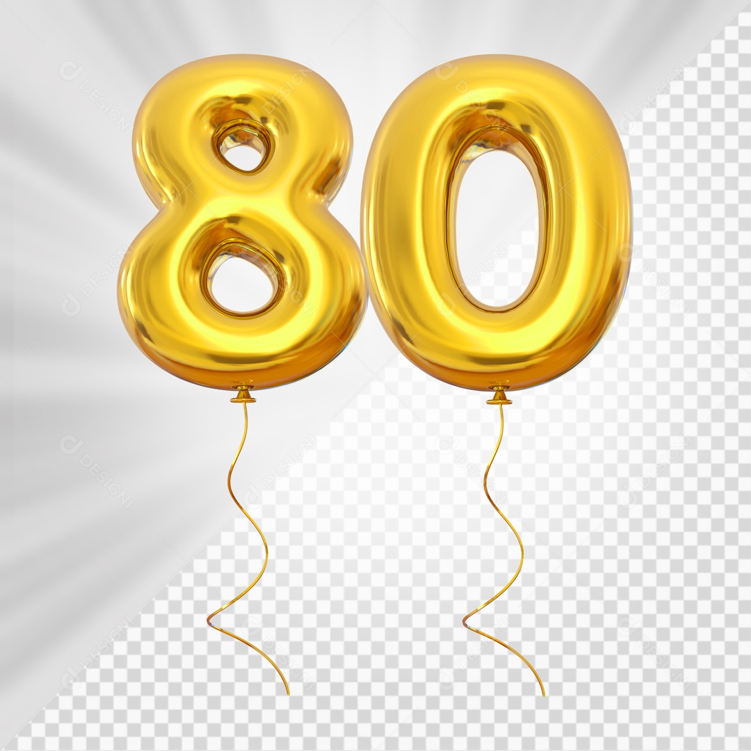 Balão de Número 80 Elemento 3D Dourado Para composição PSD