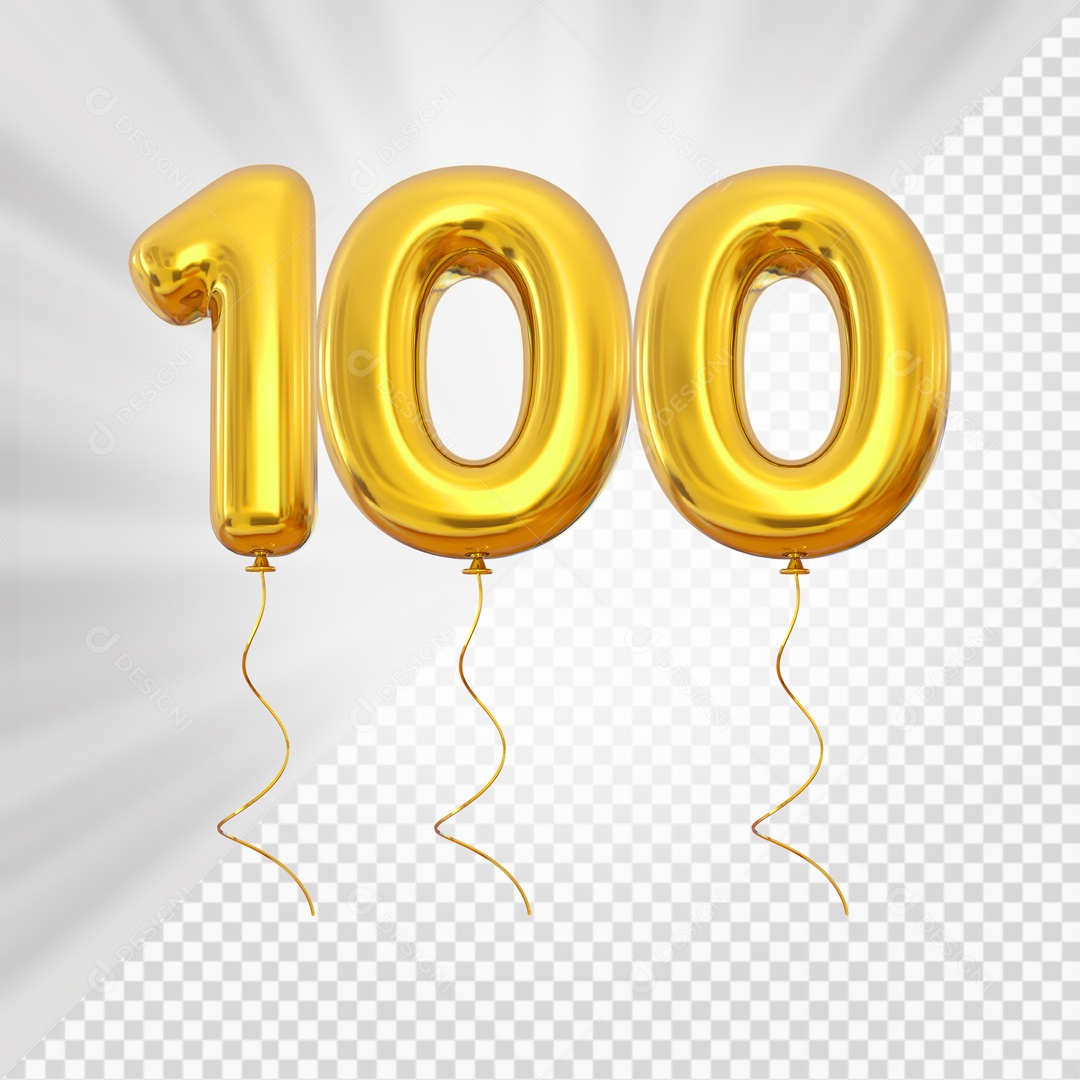Balão de Número 100 Elemento 3D Dourado Para composição PSD