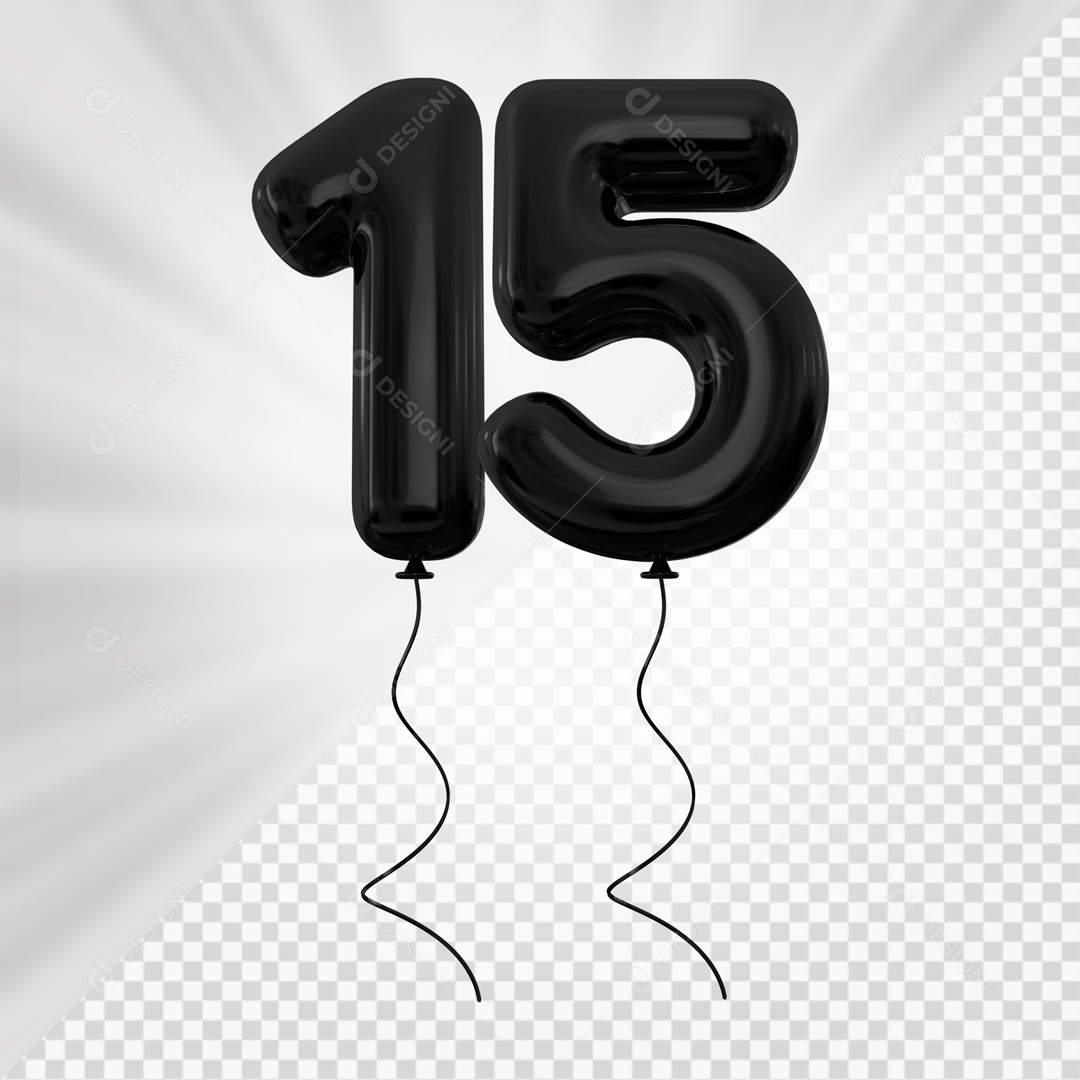 Balão de Número 15 Elemento 3D Preto Para composição PSD