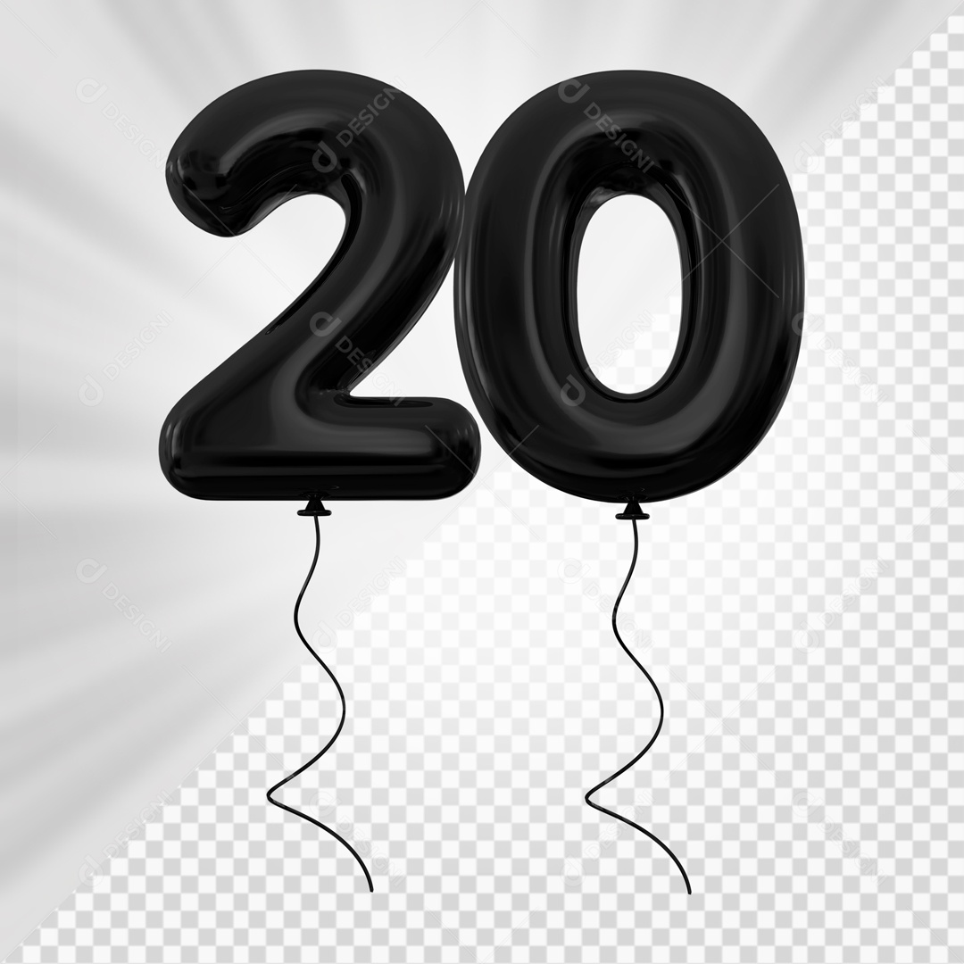 Balão de Número 20 Elemento 3D Preto Para composição PSD