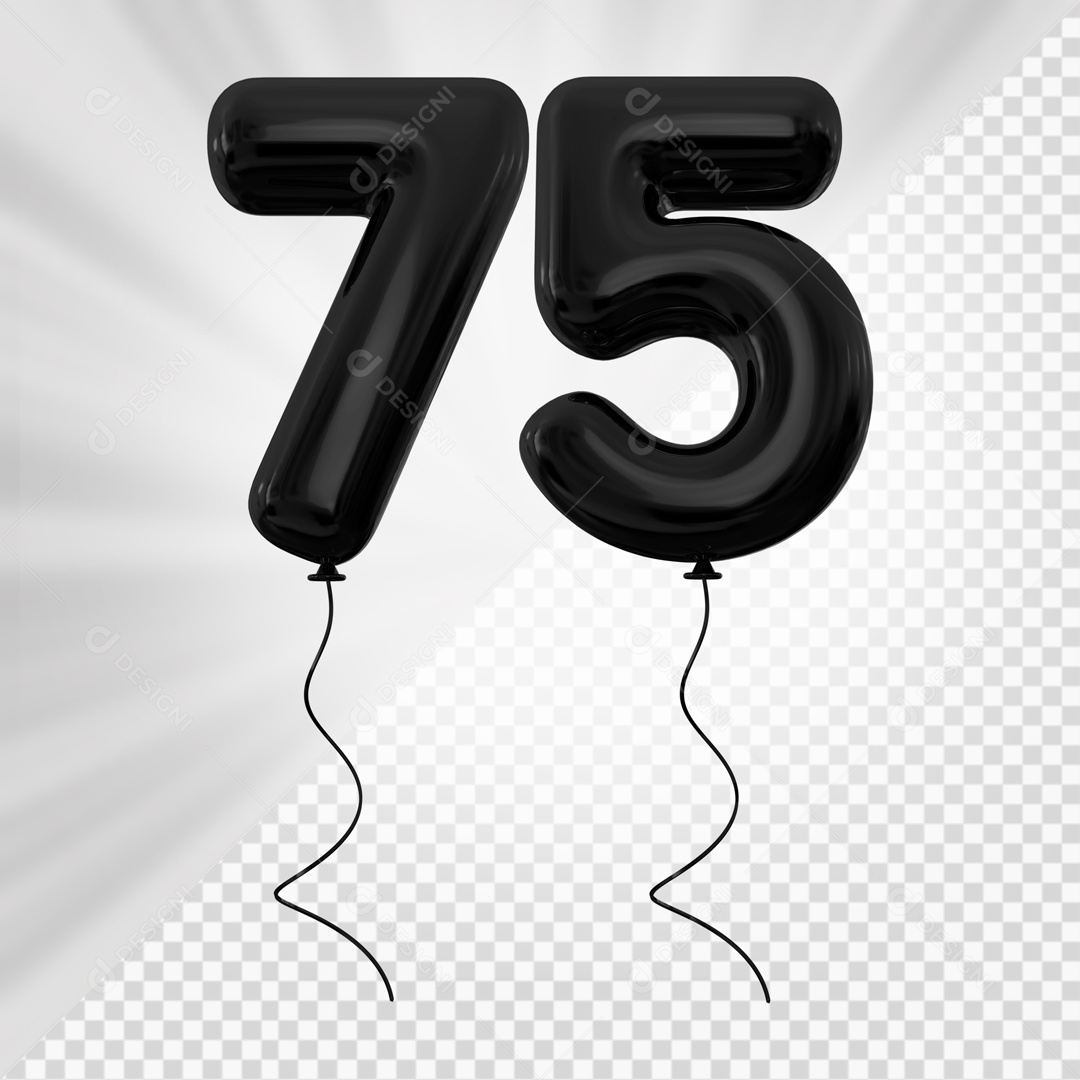 Balão de Número 75 Elemento 3D Preto Para composição PSD