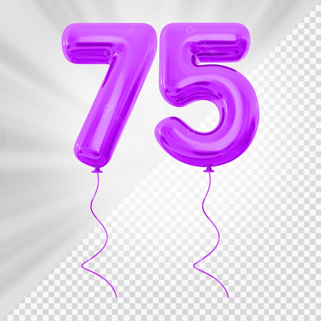 Balão de Número 75 Elemento 3D Roxo Para composição PSD