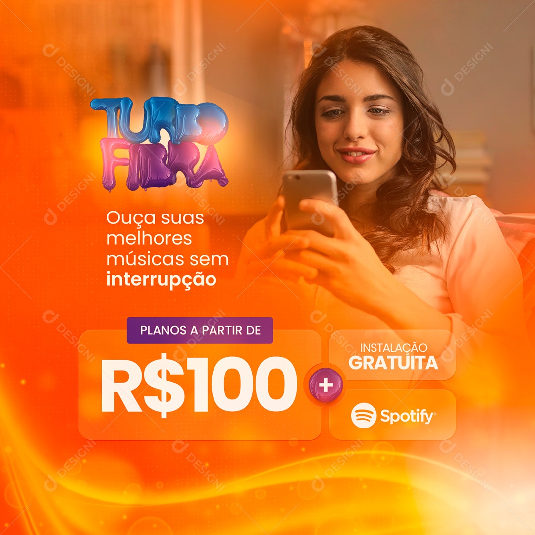 Ouça Suas Melhores Músicas sem Interrupção Campanha Provedor de Internet Social Media PSD Editável