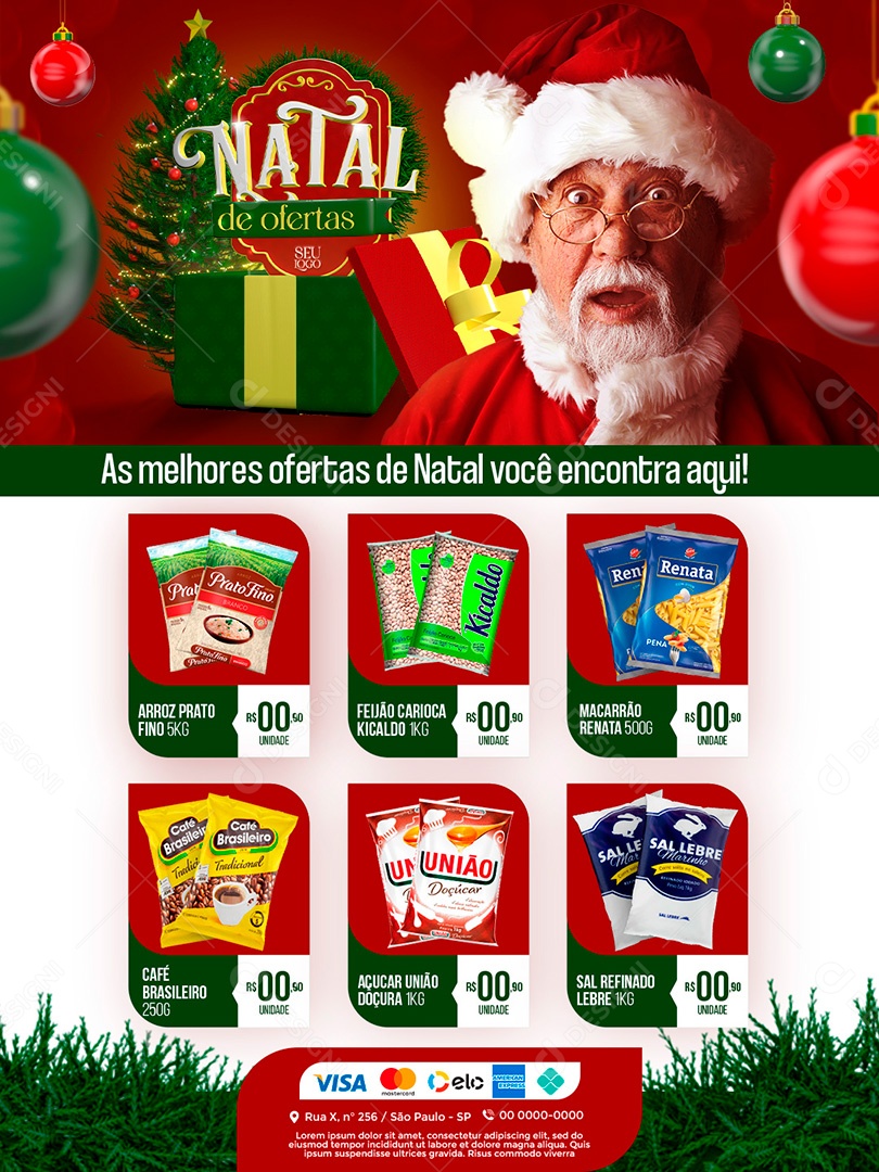 Encarte de Natal Supermercados Produtos Não Perecíveis Social Media PSD Editável