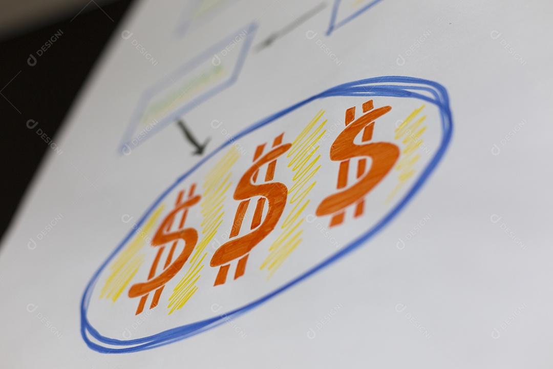 Fluxo de caixa no quadro branco. Palavras Dinheiro e fluxo escritas em Br