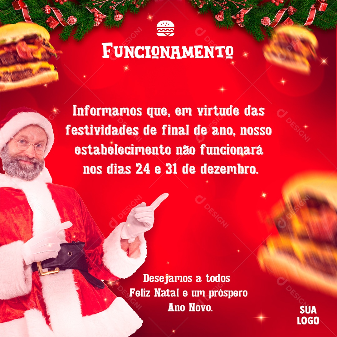 Post de Natal Horário de Funcionamento Hamburgueria Social Media PSD Editável