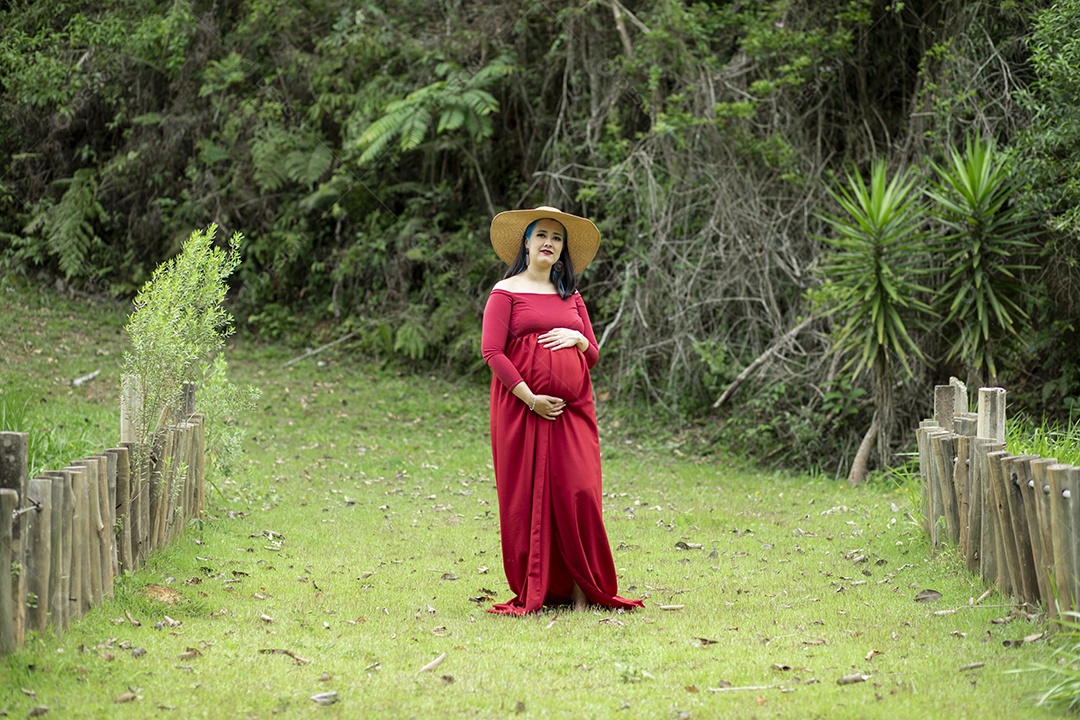 Linda mulher gravida sobre uma lindo local paisagem